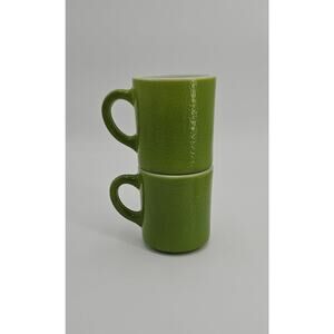 Vtg Milk Glass Mugs Hazel Atlas Green Stacking Coffee Set Of 2